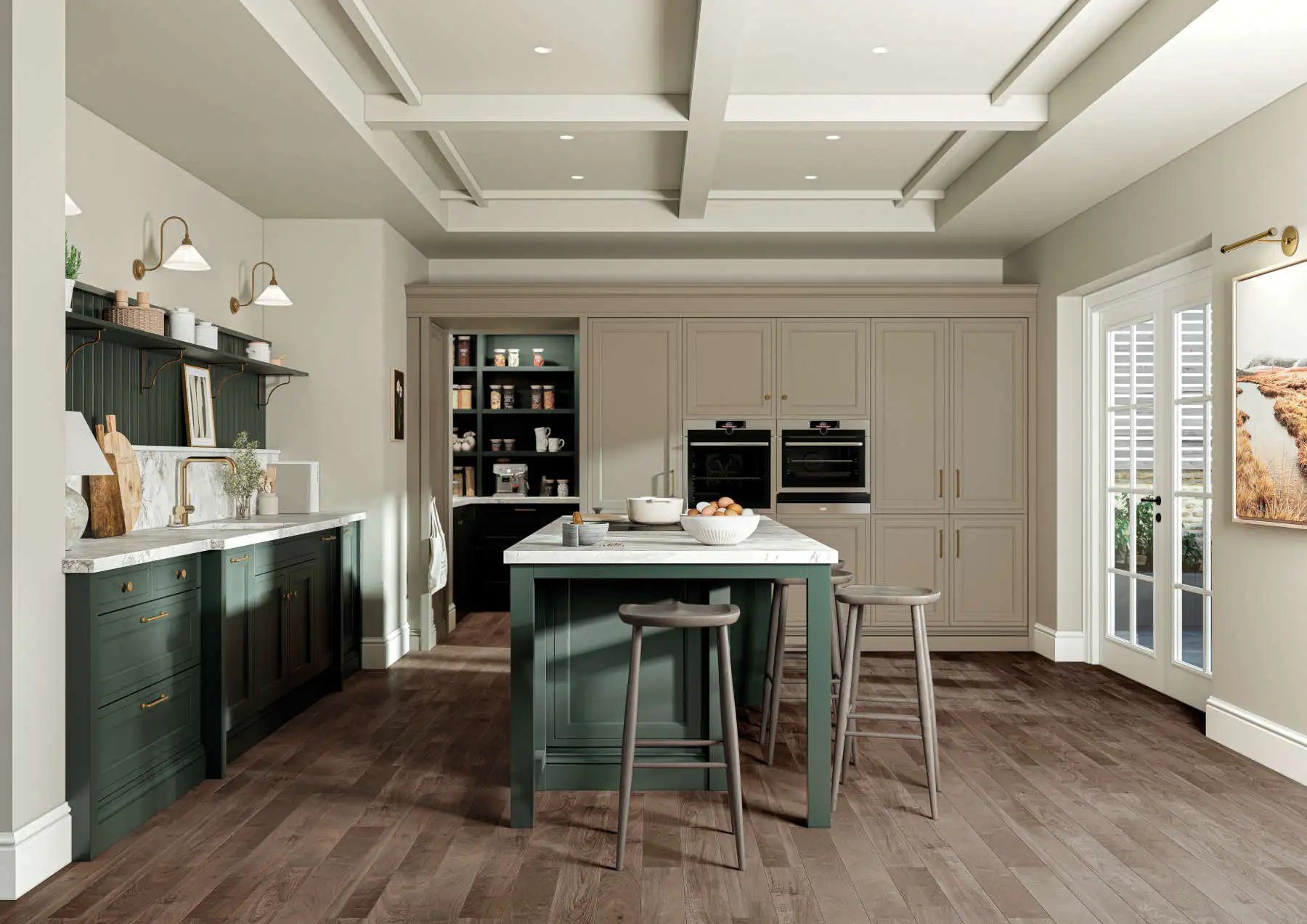Premium bespoke kitchen with green island, coffered ceiling and pantry
