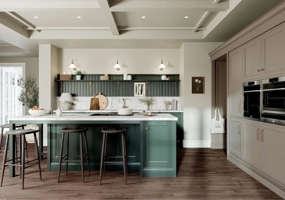 Green shaker kitchen with coffered ceiling