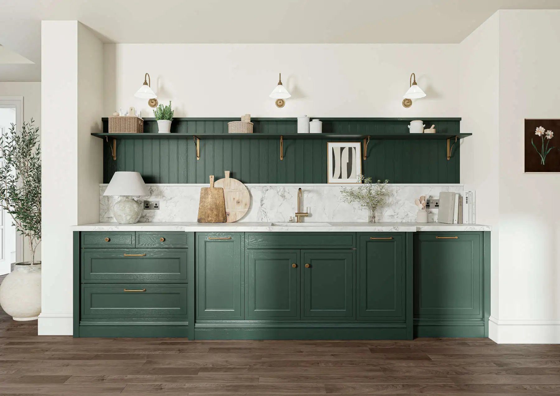 Green kitchen wall run with beadboard and marble