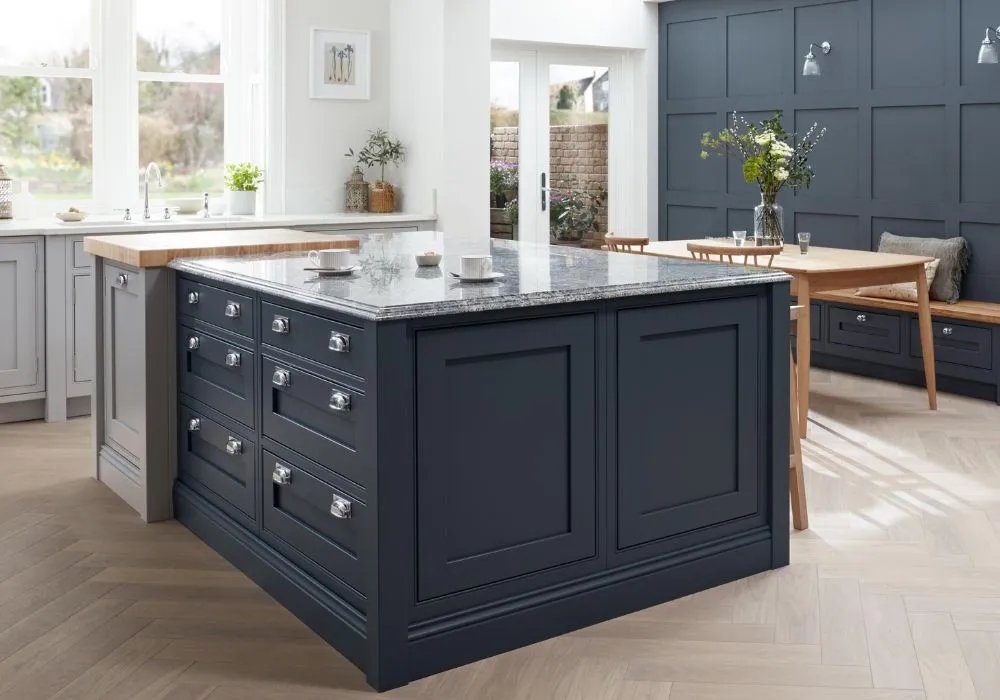 Bespoke kitchen island, navy with granite top