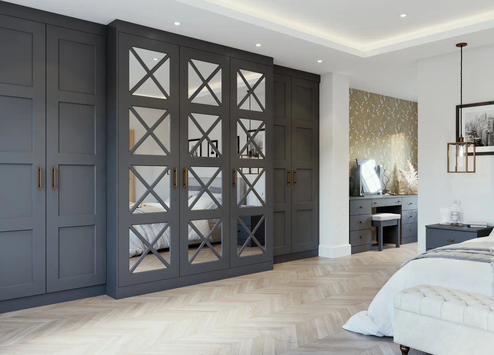 Bespoke fitted wardrobes with mirrored X-detail doors
